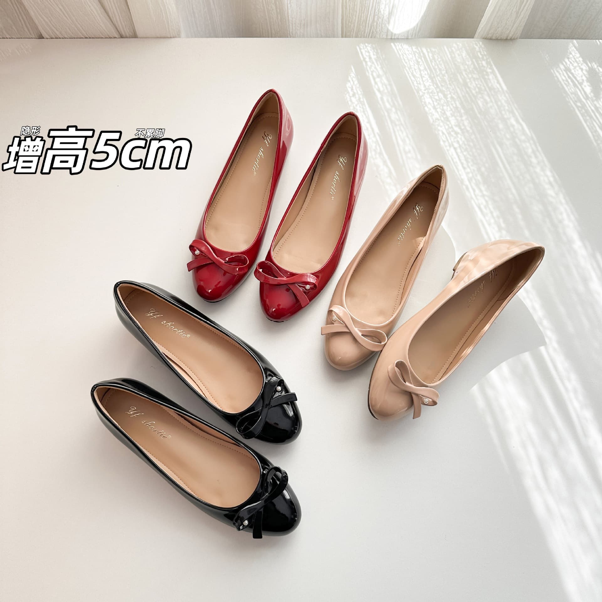 5CM Height Pearl Bow Round Toe Shallow Single Shoes for Women 2026 New Fairy Style Patent Leather Flat Ballet Shoes