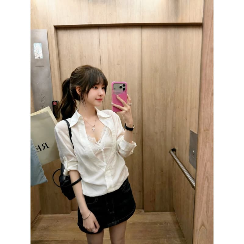 Relaxation code fake two-piece lace mid-sleeve sun protection shirt top