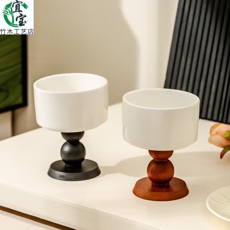 Retro ceramic goblet French ice cream cup ins pudding dessert bowl household wooden foot candle cup candle holder