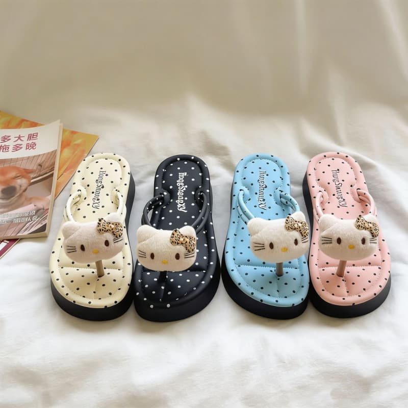Korean Style Extra Thick Kitten Polka Dot Platform Flip Flops for Women, Summer Outdoor Comfort Anti-Slip Beach Sandals