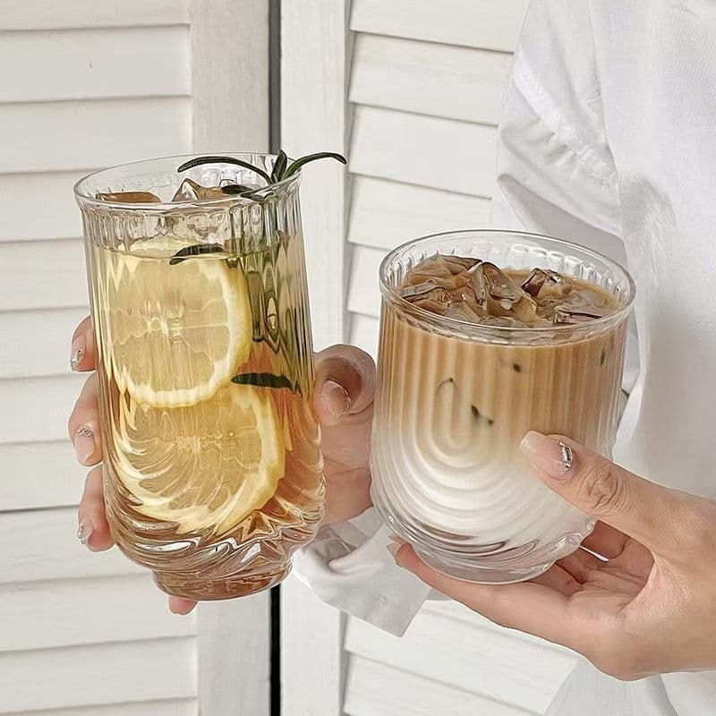 Niche Striped U-Shaped Glass Cup Ins Iced Americano Latte Coffee Cup Juice Cup Beverage Cup Water Cup Commercial Use