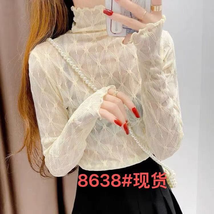2025 High Neck Lace Base Layer Top for Women Fall Winter Layering Turtleneck Mesh Top