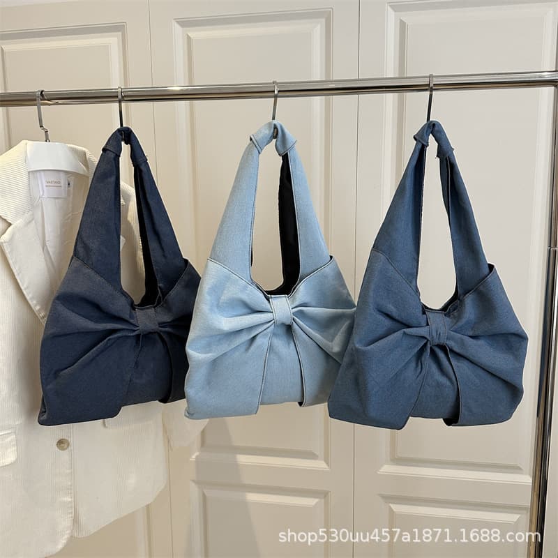 2025 New Fashion Simple Denim Shoulder Handbag Exquisite Bow Niche Commuter Tote