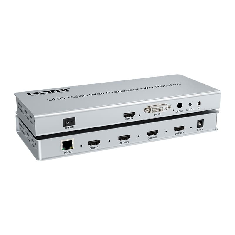 4K 2*2 rotating video wall supports portrait mode HDMI/DVI input and RS232, 180-degree flip display.
