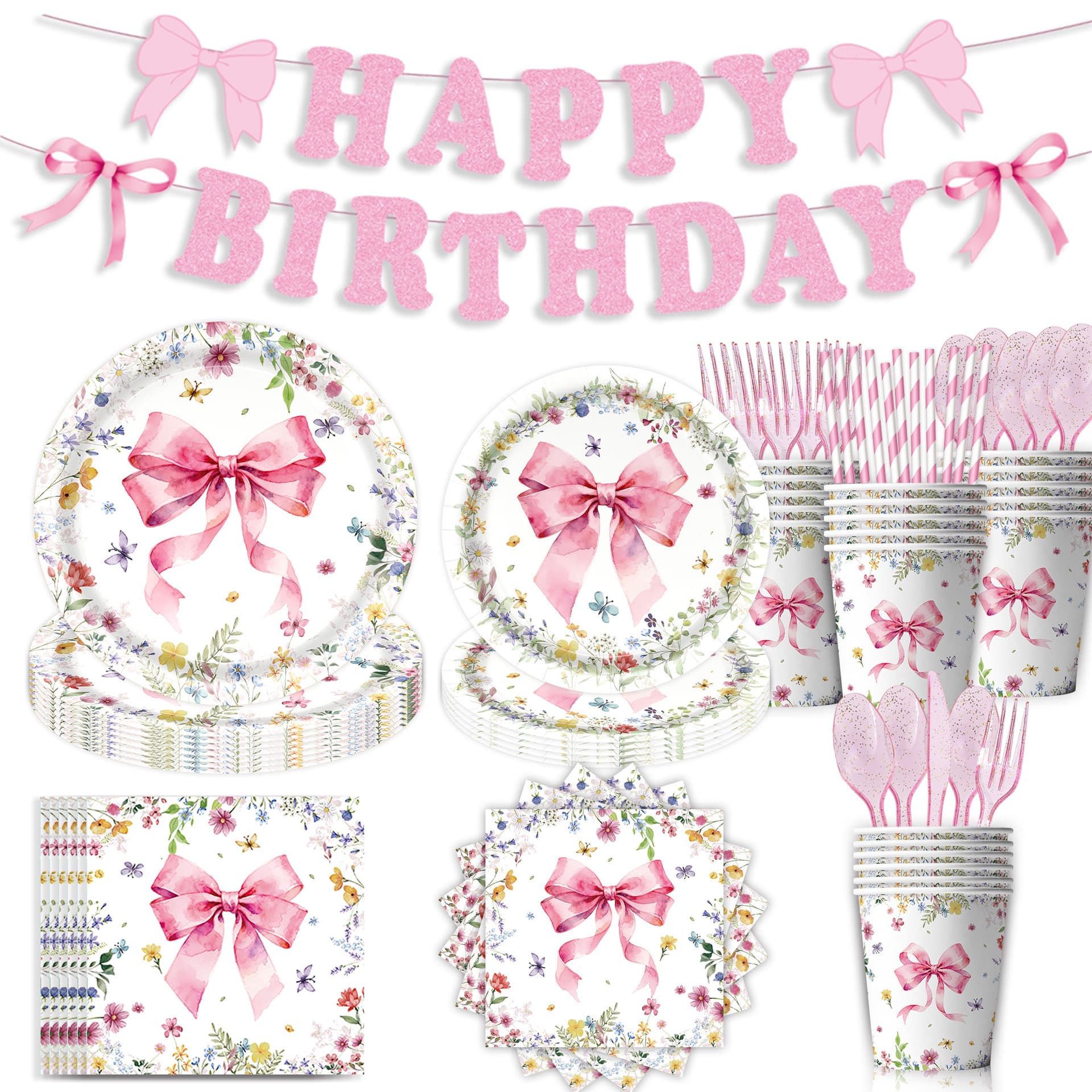 Cross-border Pink Bow Birthday Party Decoration Supplies Disposable Lace Paper Plates Tablecloth Tableware Set