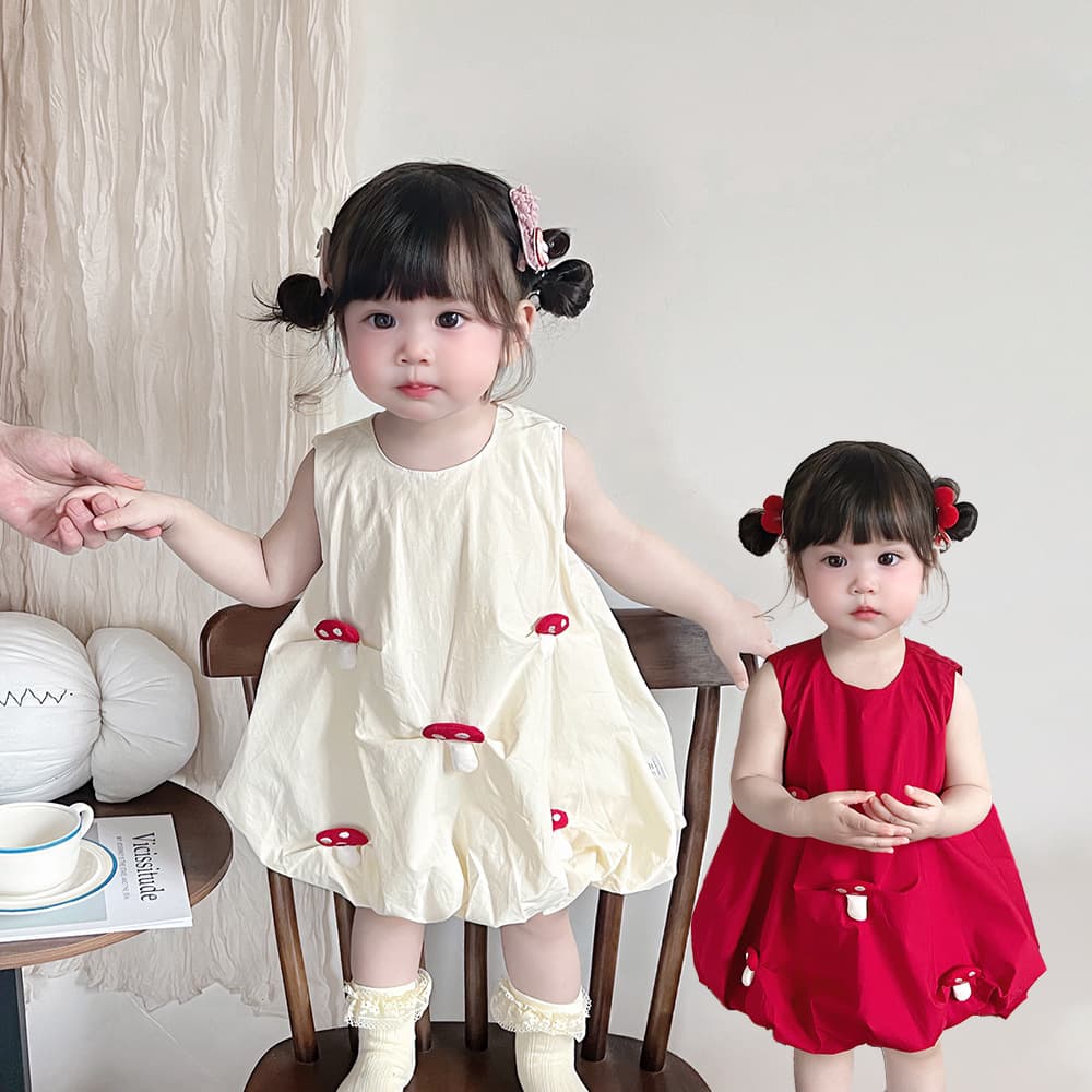 Summer Princess Style Mushroom Print Bloomer Dress for Little Girls Cotton Sweet Style Vest Dress A-Line Skirt Baby Clothes