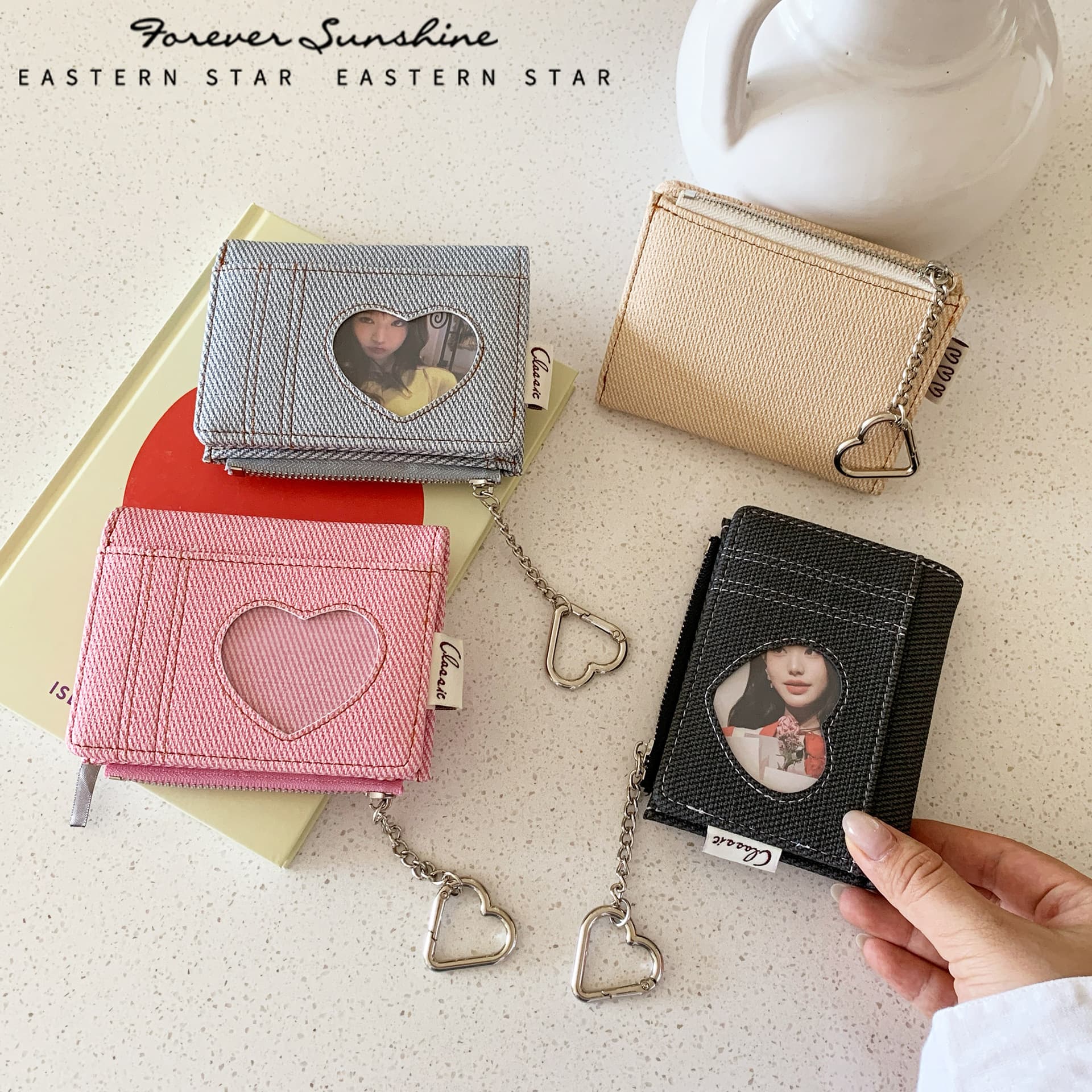 Heart-Shaped Zipper Pouch! Denim Korean-Style Women's Wallet, Solid Color for Fans and Students, Xiaohongshu Hot Seller, In Stock