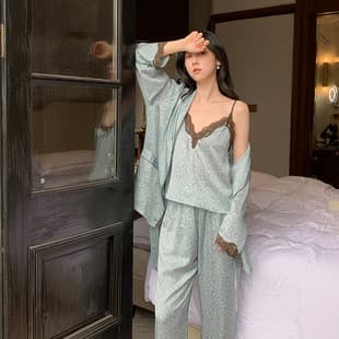 French Elegance Ice Silk Camisole Sleepwear for Women, New Summer Lace Trim Pajama Pants Set, Wearable Outside
