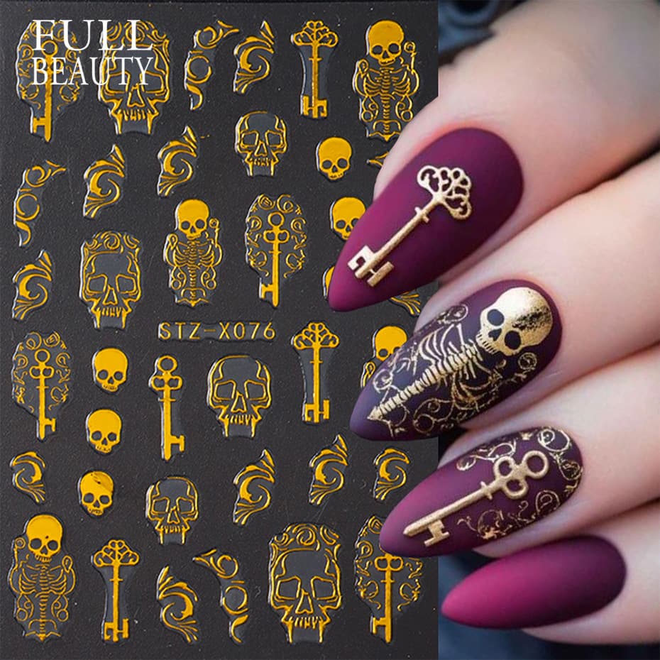 Cross-Border New Nail Art Stickers Ins Halloween Funny Golden Skull Retro Key Adhesive Nail Stickers