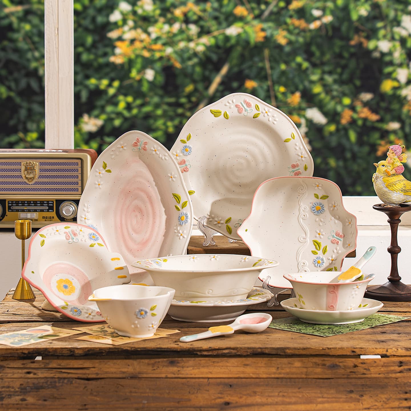 High-looking ceramic underglaze color plate bowl spoon household tableware set embossed soup plate fish plate spit bone saucer