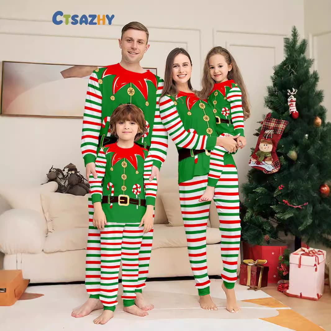 European and American cross-border new Christmas parent-child set candy cane button stripe long-sleeve pants family Halloween outfit