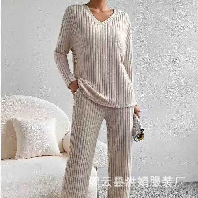 2026 New European and American Cross-Border Home Fashion Casual Straight-Leg Pants with Elegant Loose V-Neck Ribbed Two-Piece Set