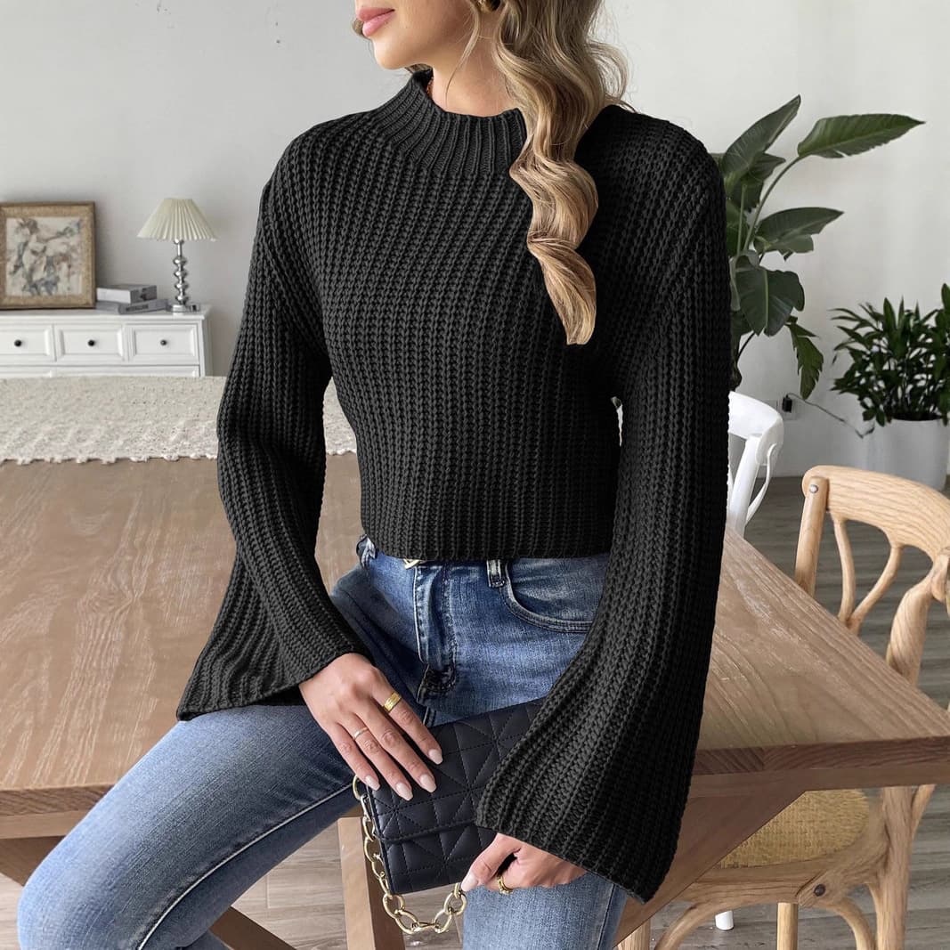 Women's Mock Neck Cropped Knit Sweater, Bell Sleeve, European and American Sizes, New Fall/Winter Style
