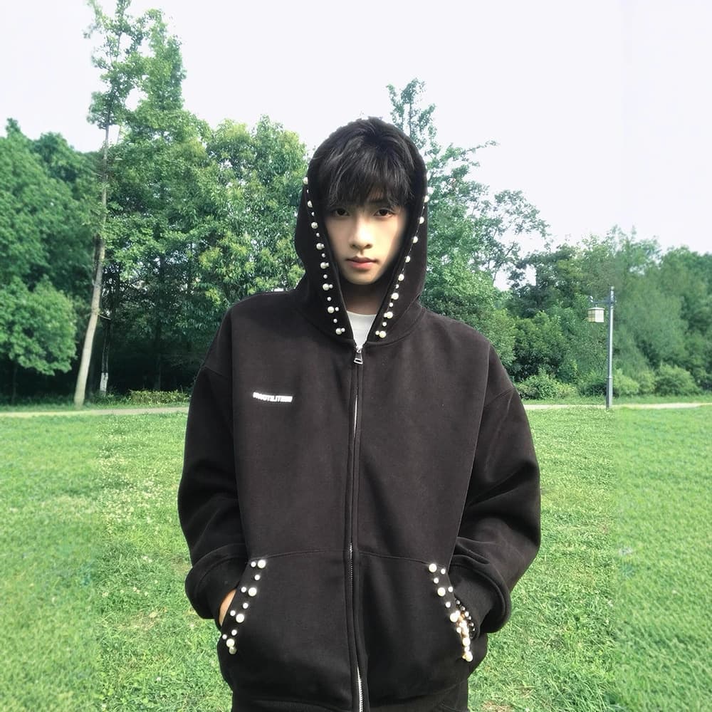 2025 New Black Pearl Hooded Cardigan Sweatshirt for Men, Niche Studded Design, Premium Look Couple Jacket