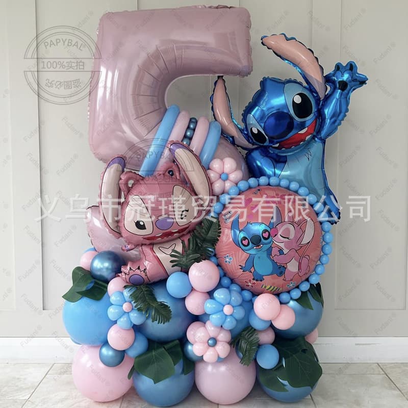 Stitch Lilo & Stitch Pink Blue Birthday Theme Aluminum Film Latex Balloon Column Girl First Birthday Gift Decoration