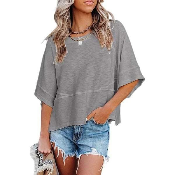 European and American Cross-Border Women's Summer Casual Batwing Collar Half-Sleeve T-Shirt, Solid Color, Loose Fit, Basic Style Top t