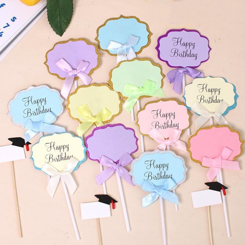 Birthday Cake Decoration Insert Card with Bow, Hand-Writable Greeting Message, Birthday Insert Flag for Party