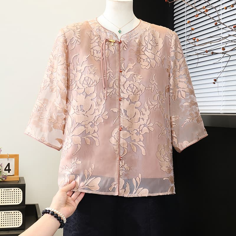 Mother's Day clothes, mom's summer short-sleeved shirt, fashionable chiffon noble shirt, middle-aged and elderly women's atmospheric top