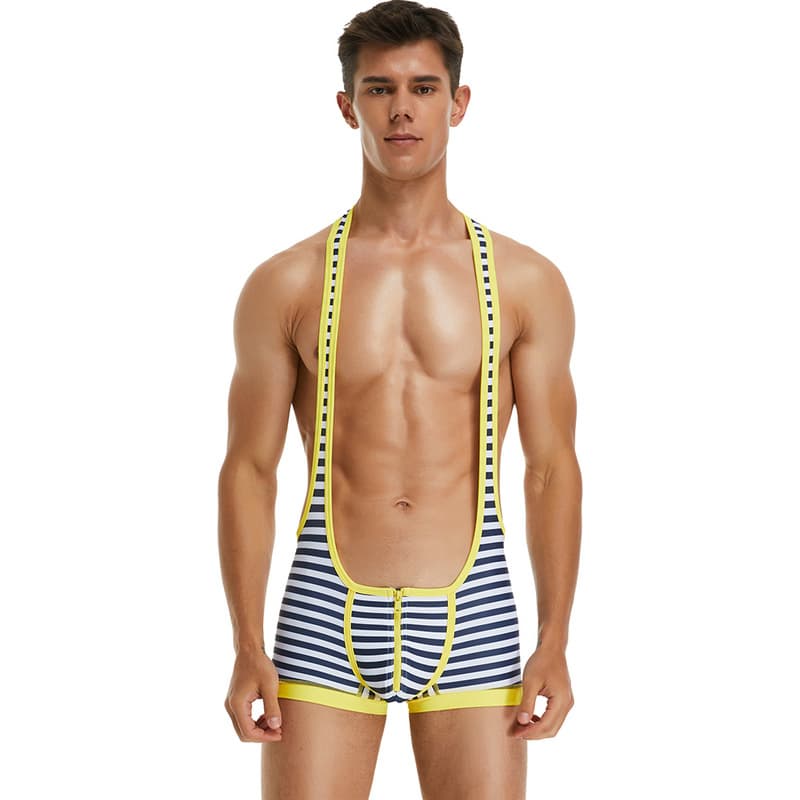 2022 Special New Men's Sling Vest with Crotch Zipper, Sensual Striped Bodysuit Vest for Foreign Trade Wholesale