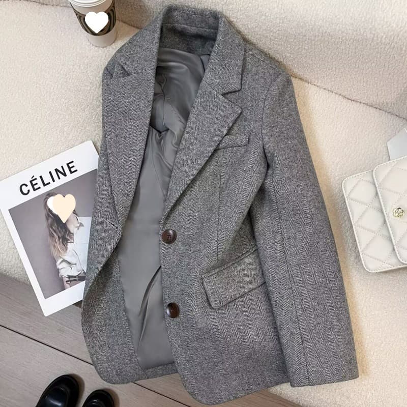 Grey herringbone pattern business suit jacket for women, new autumn/winter 2025 style, this year's popular relaxed and casual look.