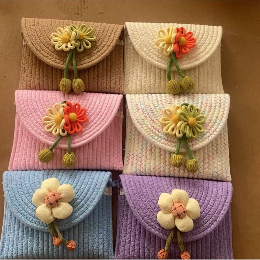 Crossbody Bag Japanese & Korean Style Cute Woven Floral Contrast Color Beach Vacation Casual Straw Bag