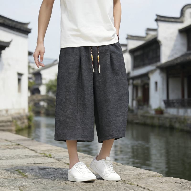 Foreign trade cross-border 2026 summer ice silk breathable Chinese style large trousers wide leg cropped trousers beach pants