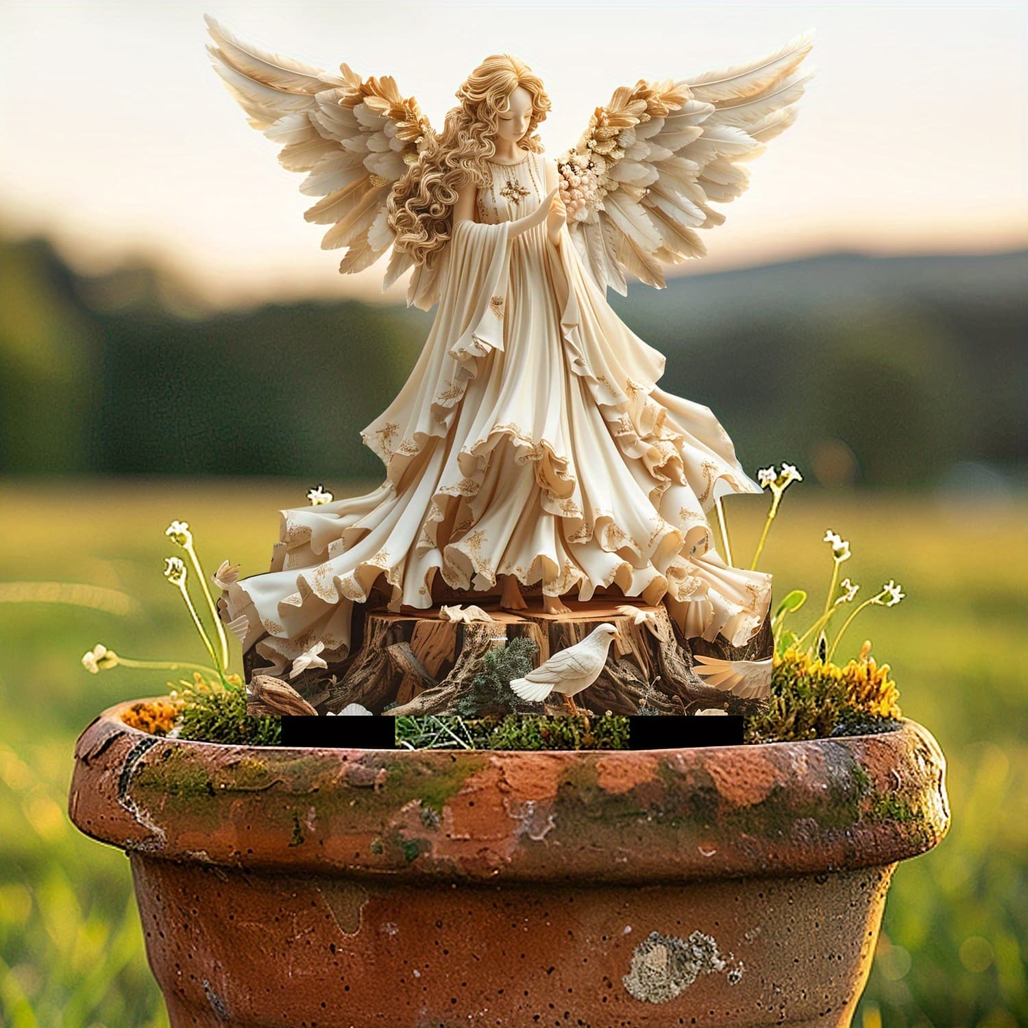 Acrylic Angel Girl Feeding Pigeons Sculpture Planter and Garden Waterproof Outdoor Courtyard Plug-in Angel Theme