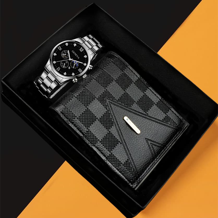 New men's steel band watch souvenir Father's Day gift two-piece quartz watch wallet pen business gift box