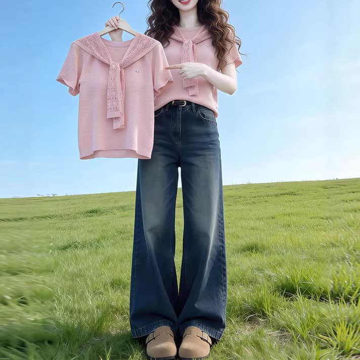 Navy Style Sweet and Gentle Pink Round Neck Shawl Slim Fit Short-Sleeved T-Shirt for Women Summer Wear 2026 Age-Reducing Top