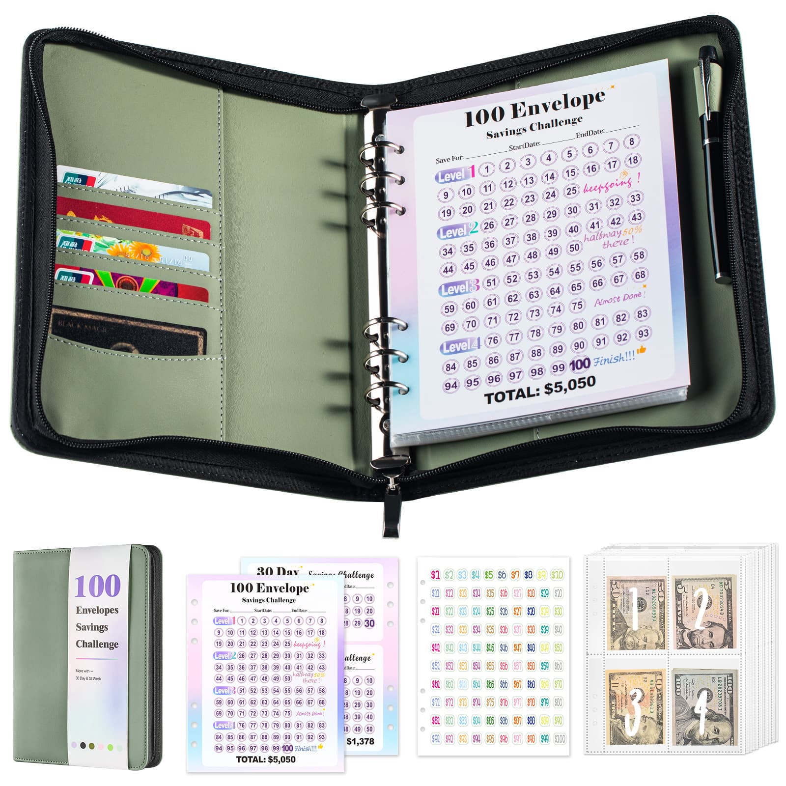 Cross-Border Zipper Loose-Leaf 100-Day Savings Challenge Notebook Cash Budget Loose-Leaf Book Money-Saving Plan Book