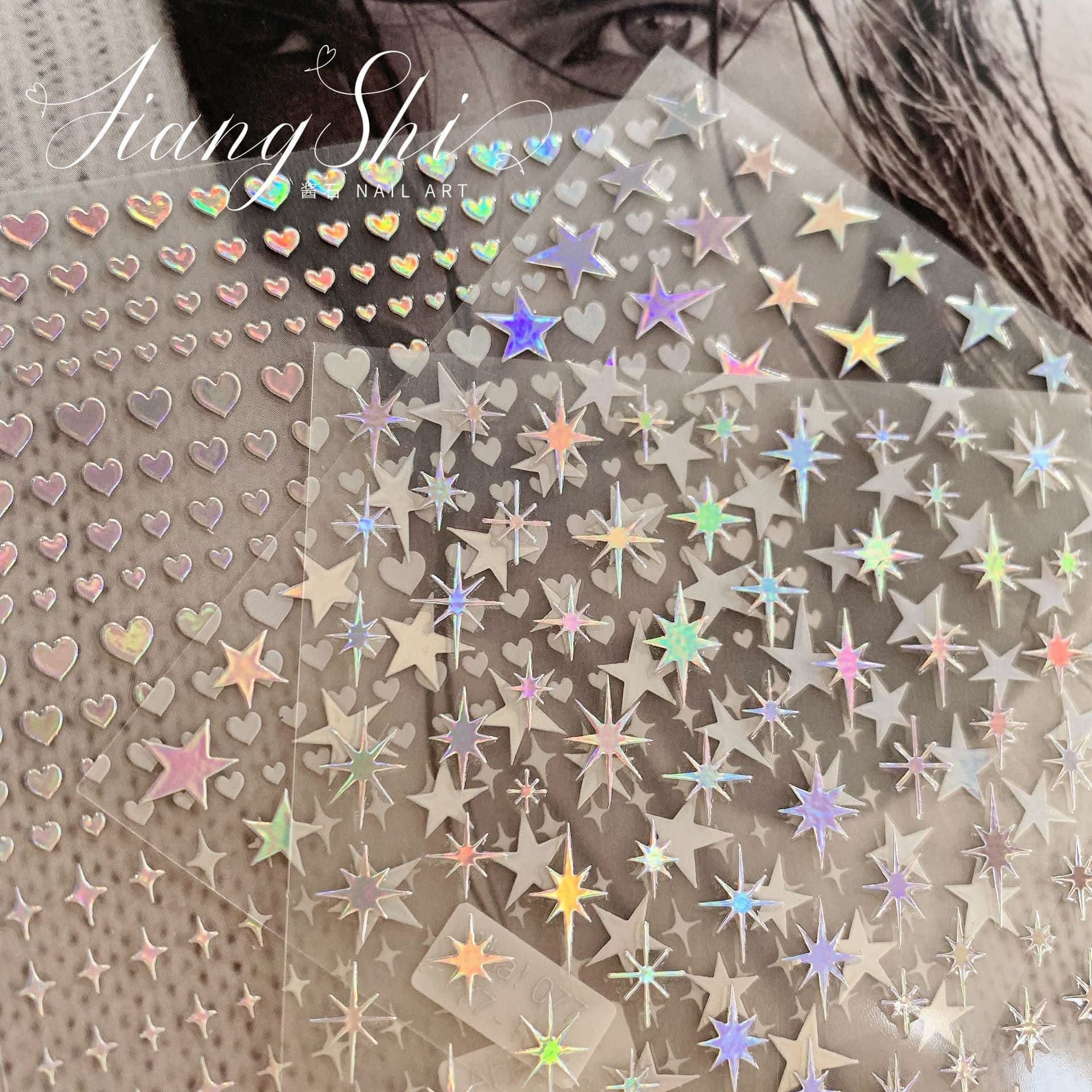 Internet celebrity new hot stamping silver starburst love laser embossed nail art accessories sweet and cool metal girl nail decoration
