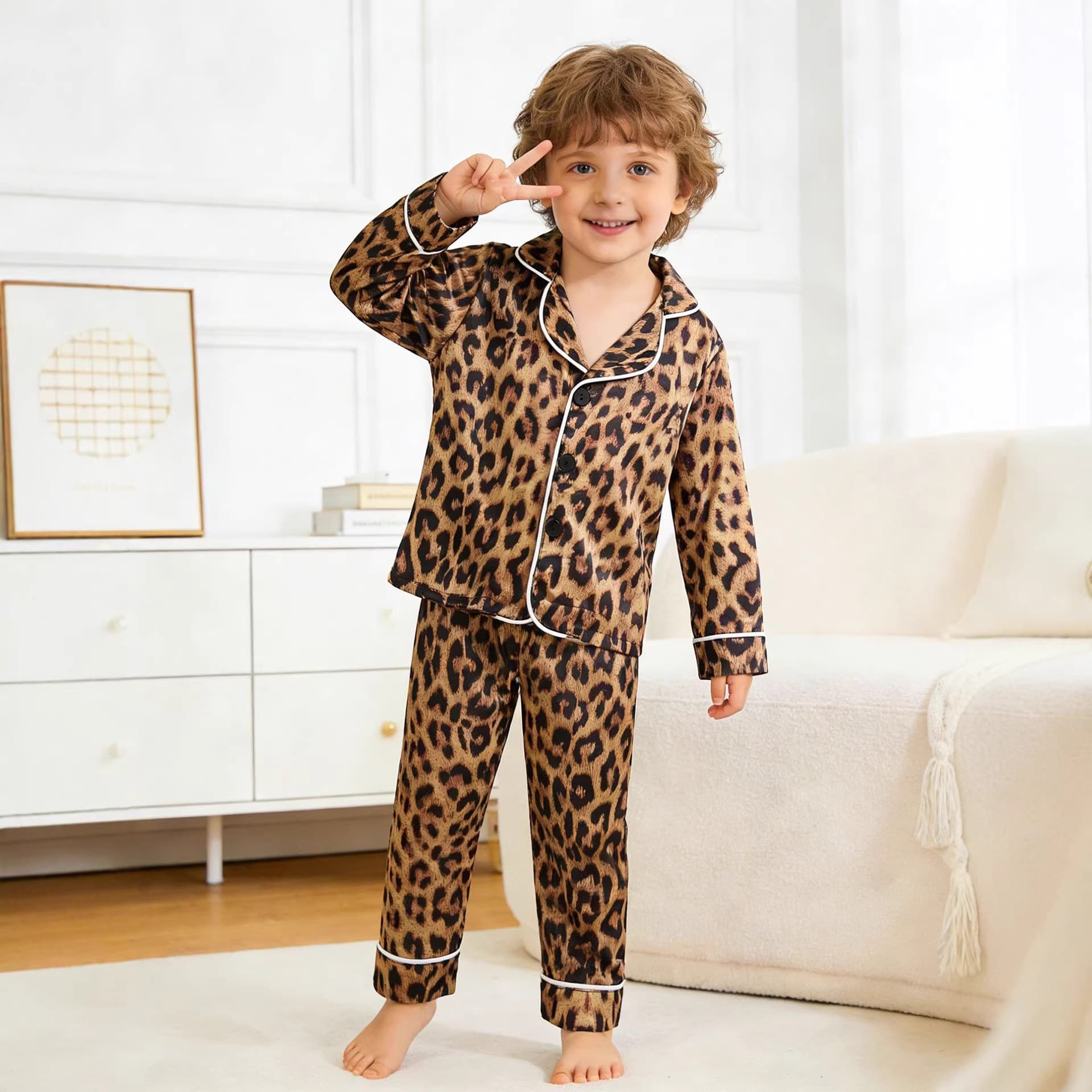 Leopard Print Long-Sleeve Silk-Like Pajama Set, Spring/Autumn Thin Kids Sleepwear, Summer Kids Pajamas