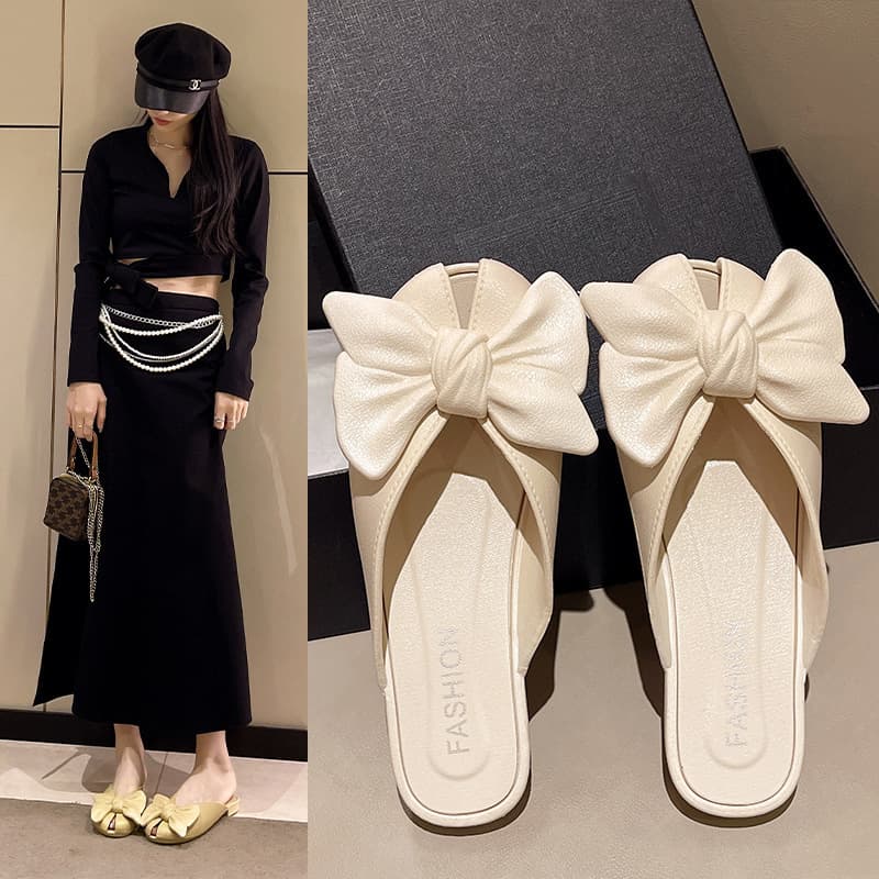 2025 New Summer Bow-Knot Toe Sandals for Women, Korean Style Versatile Flat-Soled Soft-Soled Fashionable Half-Slippers
