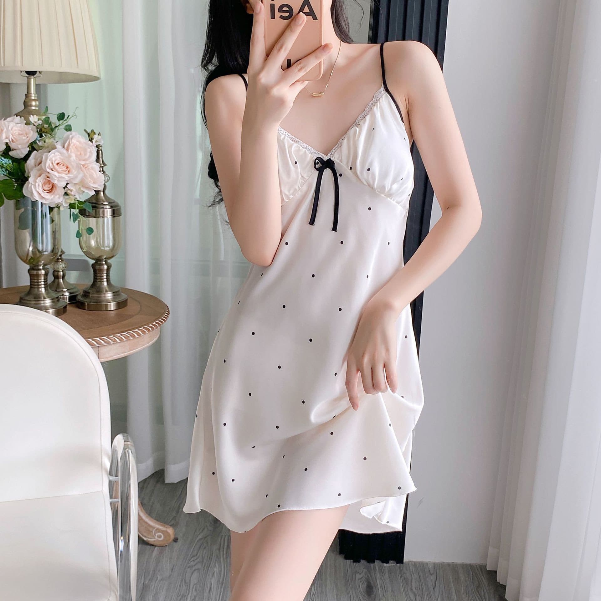 Ice silk suspender nightgown for women summer with breast pads simple pajamas for women French pure desire sweet temperament cute home nightgown