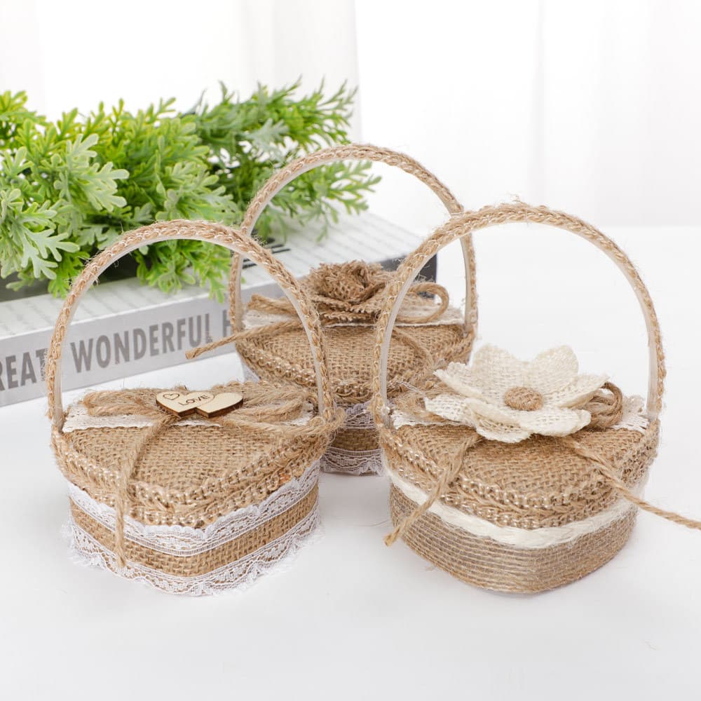 Valentine's Day Gift Heart-Shaped Ring Box Creative Wedding Flower Girl Handheld Ring Holder Burlap Bow Flower Basket