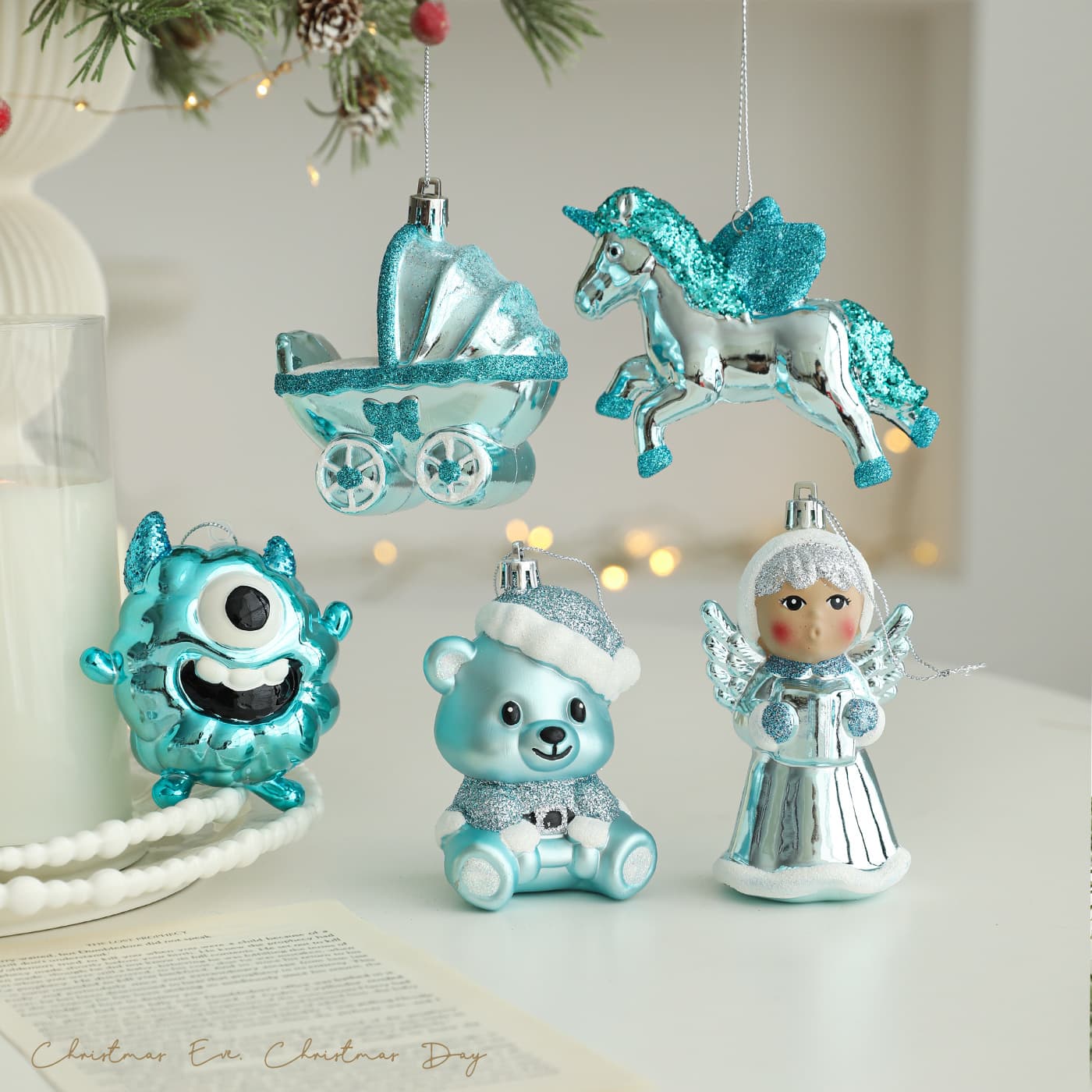 Christmas Decorations Blue Christmas Tree Ornaments Cartoon Animal Angel Pendants Small Decorative Hanging Ornaments