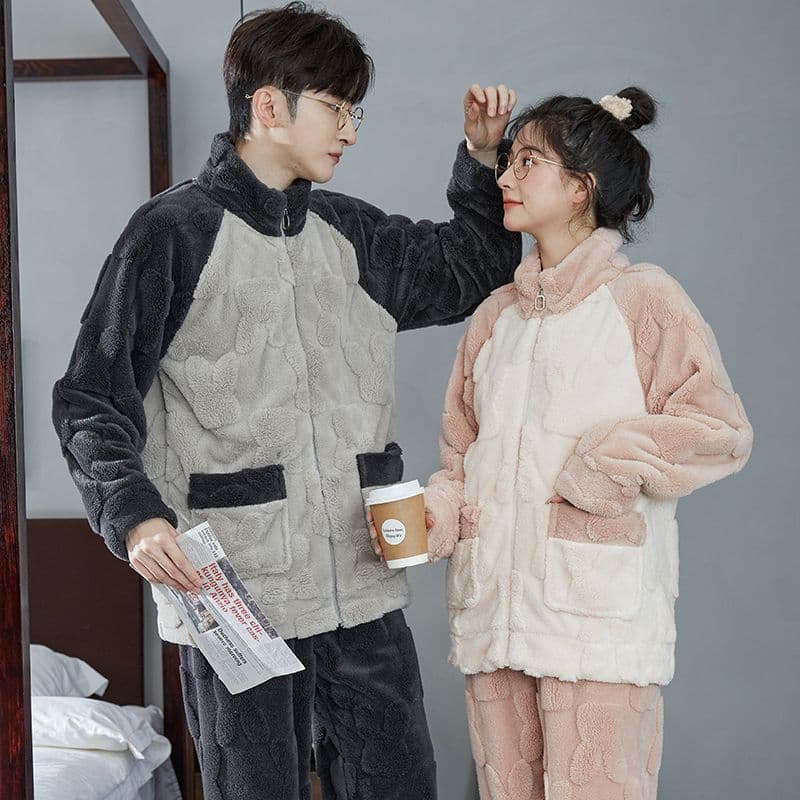 Autumn/Winter Coral Fleece Couple Pajamas for Women, Plush & Thickened Flannel Men's Homewear Set, Can Be Worn Outdoors in Winter