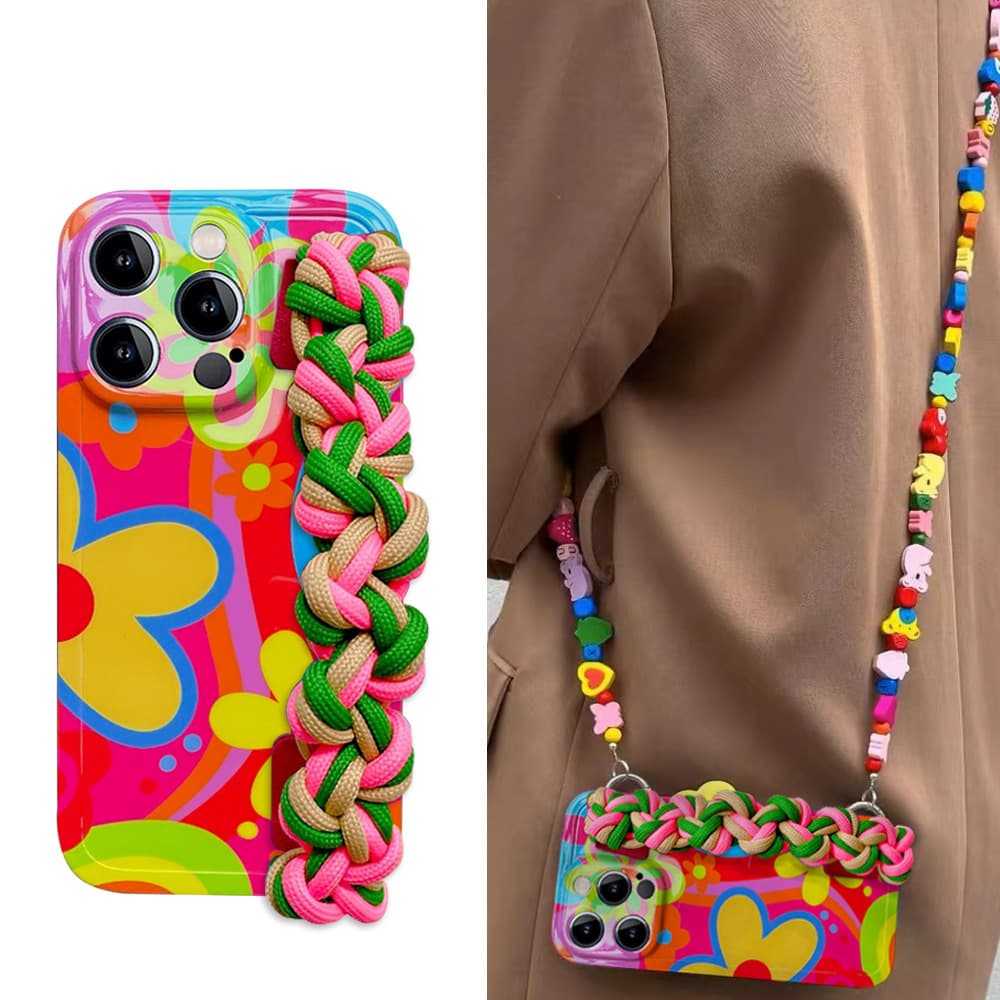Woven Wrist Strap Compatible with Apple 15 Phone Case, Flower iPhone 14, Building Block Crossbody 16 Pro Max Silicone Soft Case