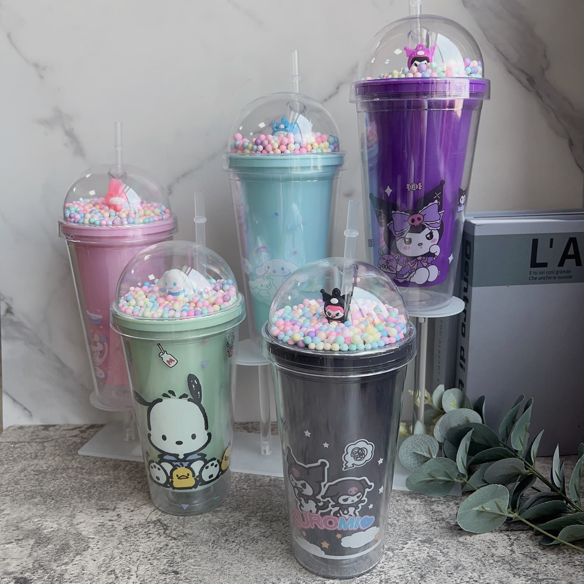 Plastic Straw Ice Cup Kuromi Cinnamoroll Water Cup Double Layer Glitter Crushed Ice Cup Cross-border New Sanrio