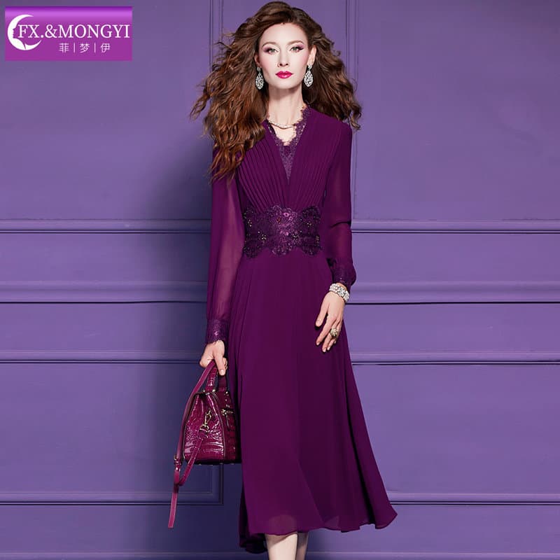 Feimengyi Lace Trim Embroidered Purple Dress for Women, Long Sleeve Spring French Style, Slimming Waist Design