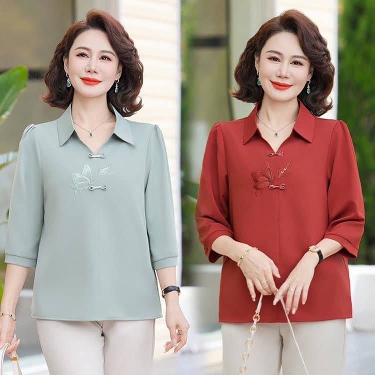 Women's Summer Shirt, Stylish and Elegant, 2026 New Style, Fashionable Top for Middle-Aged and Elderly Women, Three-Quarter Sleeve Blouse