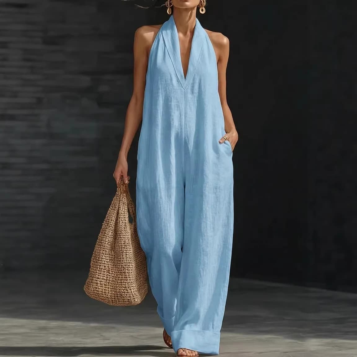 2026 European and American Cross-border Independent Station Simple Elegant Comfortable Linen Jumpsuit
