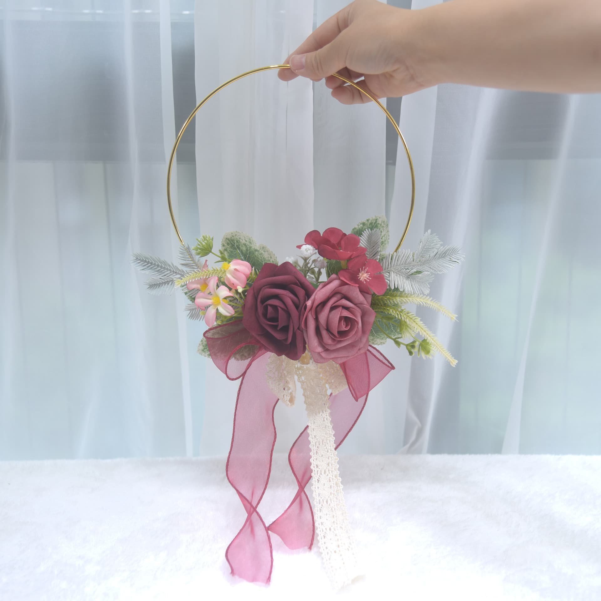 297 European Wedding Bride Bridesmaid Hand Bouquet Wreath Artificial Rose Home Decoration Flower Wreath Wall Hanging Metal Decoration