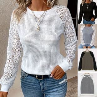 Cross-border Trade Factory European American 2025 New Solid Color Lace Long Sleeve Hollow Round Neck Casual Women's T-Shirt Top