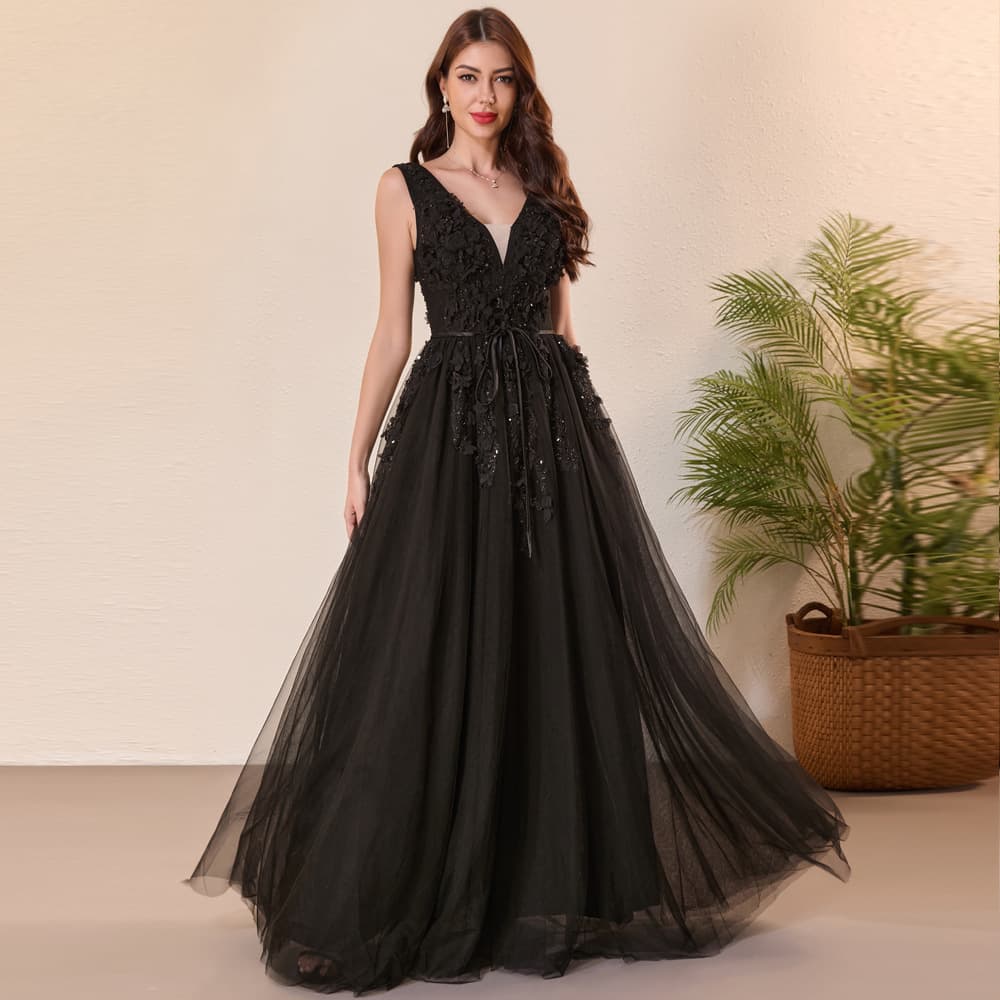 Cross-border European and American three-dimensional heavy embroidery floral ball gown fashionable evening dress debutante black formal long dress