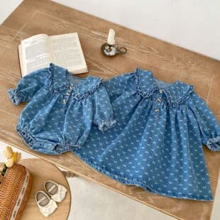Girls' Baby Sister Set 2025 New Spring Infant Butterfly Jacquard Bodysuit Dress, Large Collar Denim Style