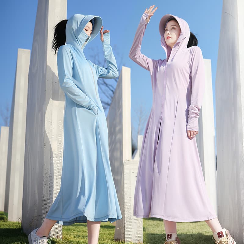 Women's Summer Long Hooded Sun Protection Jacket, Full Body UV Protection, Ice Silk Cool Touch, Mesh Breathable, Thin Sunscreen Coat