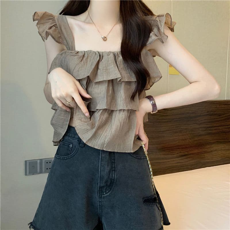 Summer women's 2025 new French chic small flying sleeves suspender chiffon shirt ruffled short top