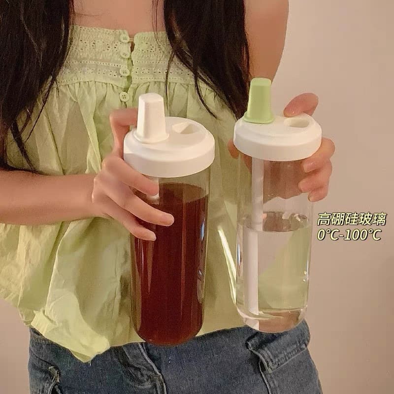 High-Capacity Plastic Straw Cup with Borosilicate Glass Inner, Heat-Resistant Milk Tea Cup, Wholesale Custom Gifts