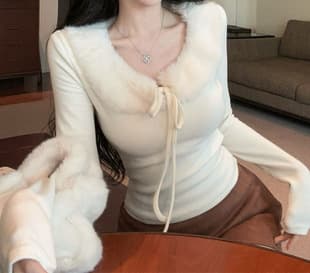 Stunningly Beautiful Pure Desire Top Women Fall Winter Chic Faux Fur Collar Fleece Thermal Base Layer